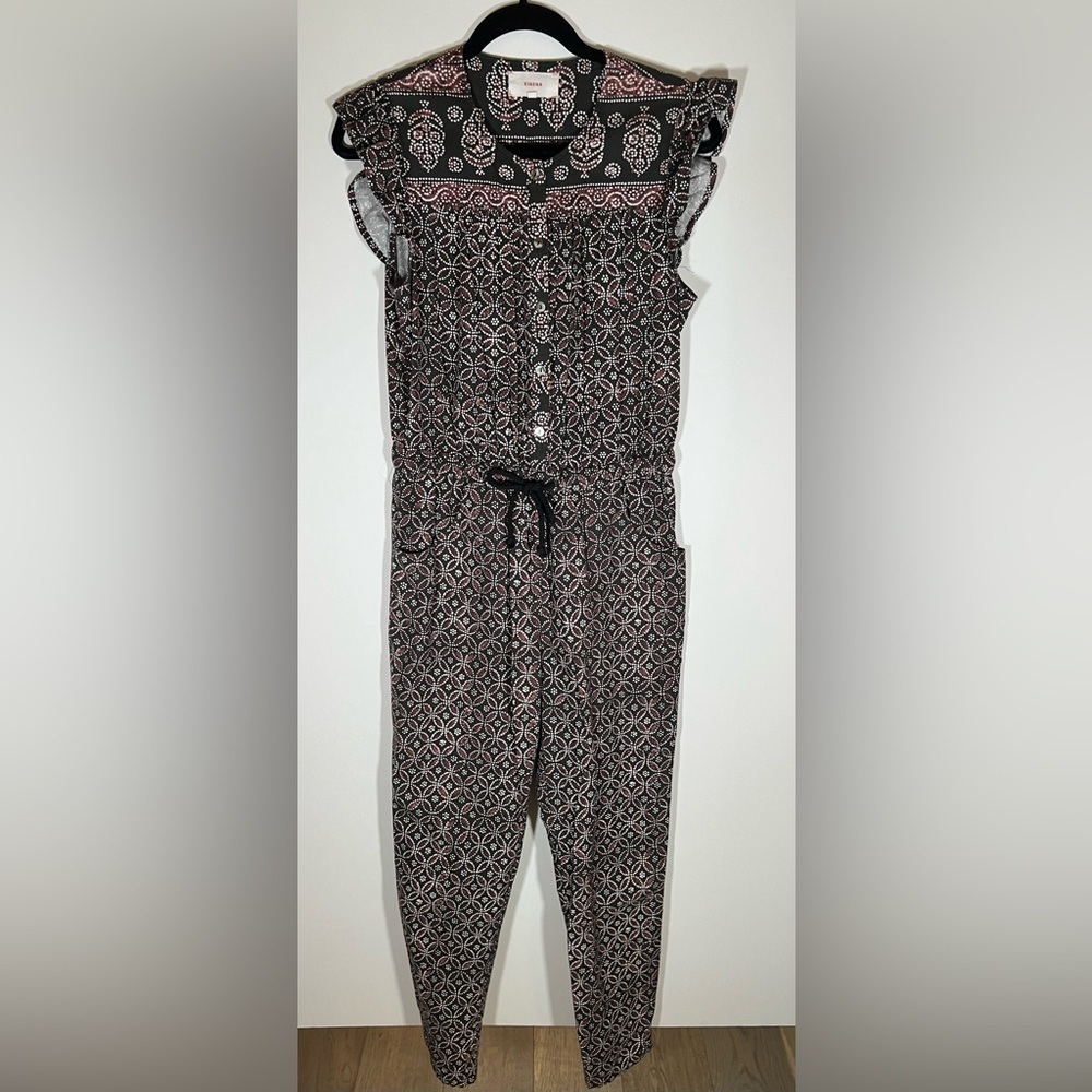 XIRENA Liam jumpsuit black sand aztec boho hippie sz S elastic tie waist